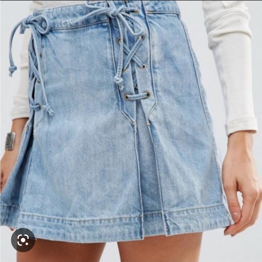Free People Lace Up Pleated Denim Mini Skirt